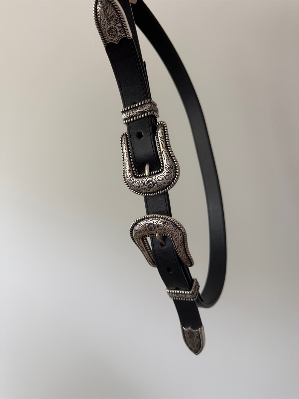 Idyllwind Black Leather Belt with Engraved Silver Western Double Buckles